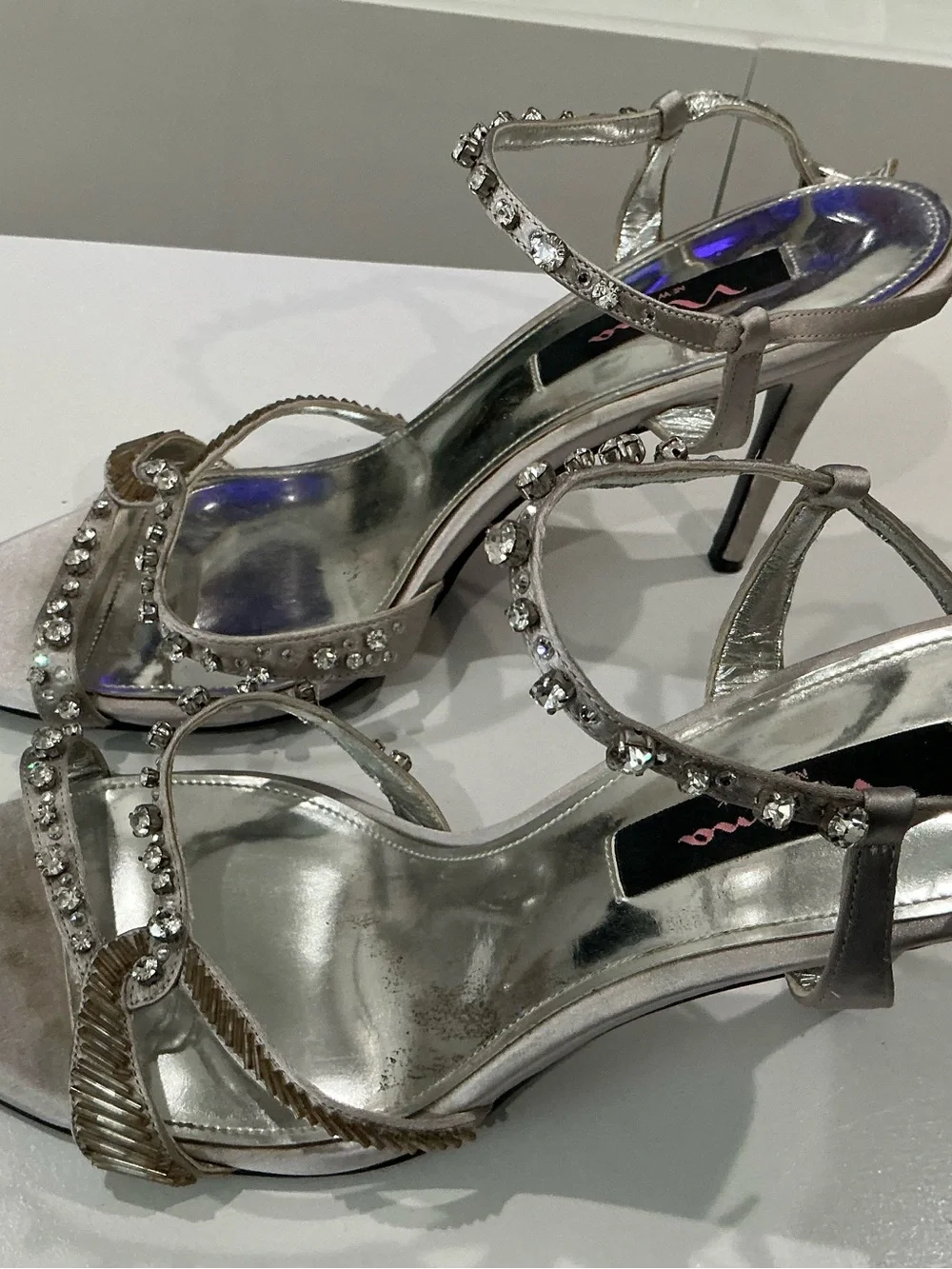 Nina, New York women, satin rhinestone ankle strap evening heels, size 10 M